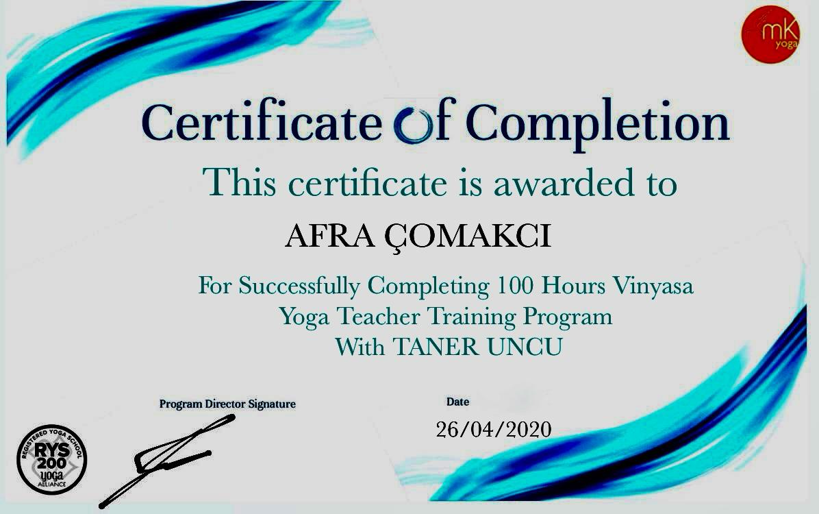 Vinyasa Yoga 100 saat sertifikası — Afra, MK Yoga