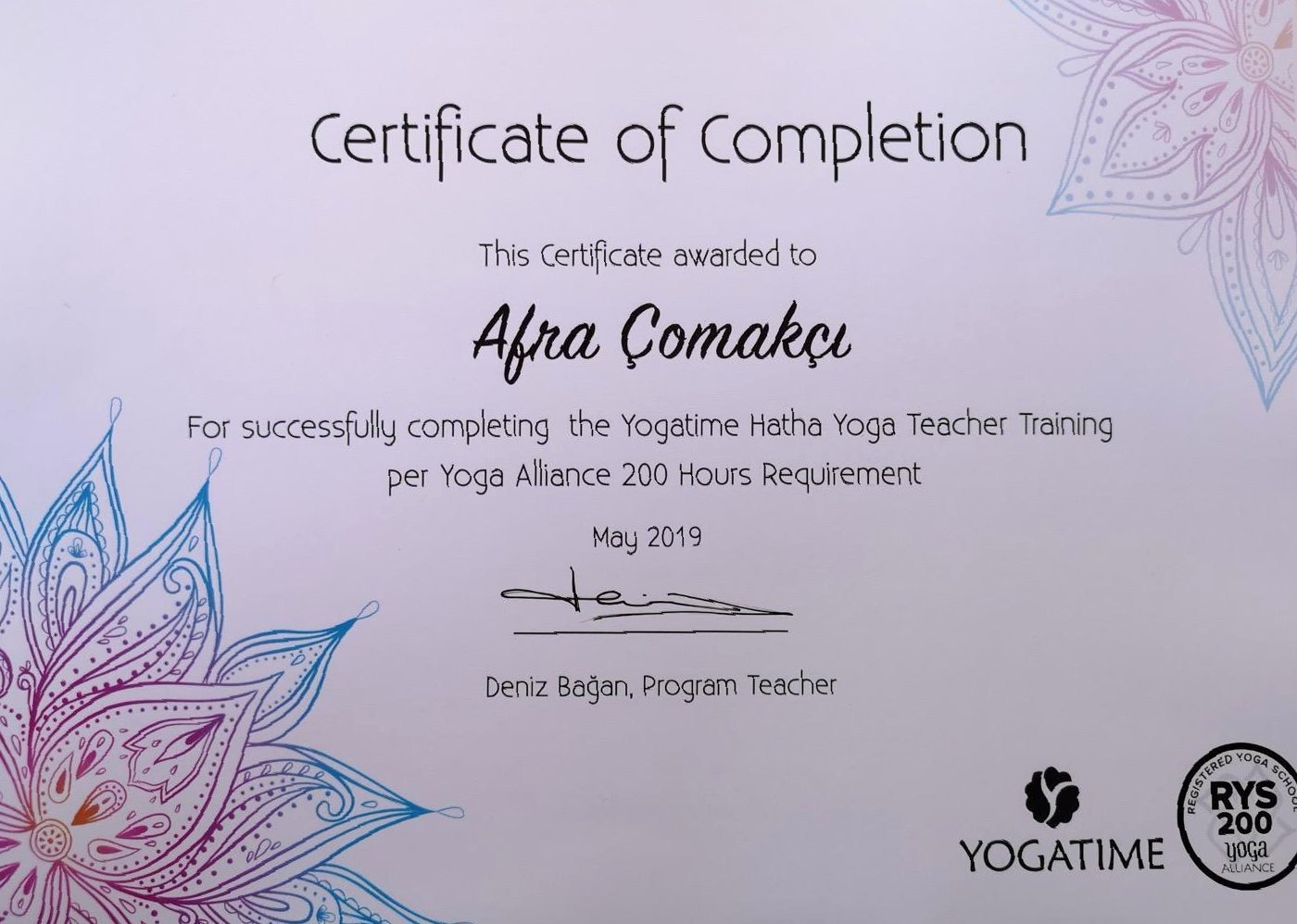 Yoga Alliance RYS 200 Hatha Yoga sertifikası — Afra